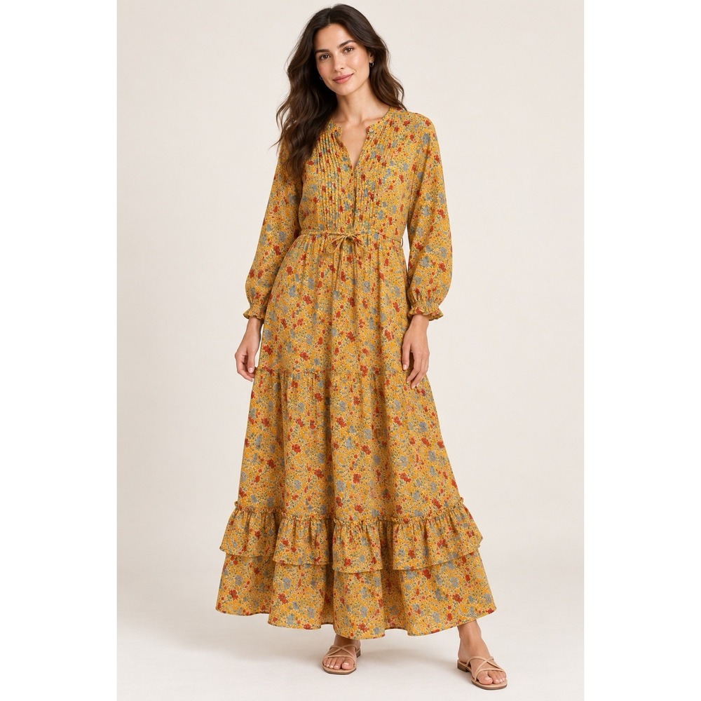 Banjanan Floral Cotton Maxi Dress M Mustard Gold Tiered Ruffles Boho Cottagecore